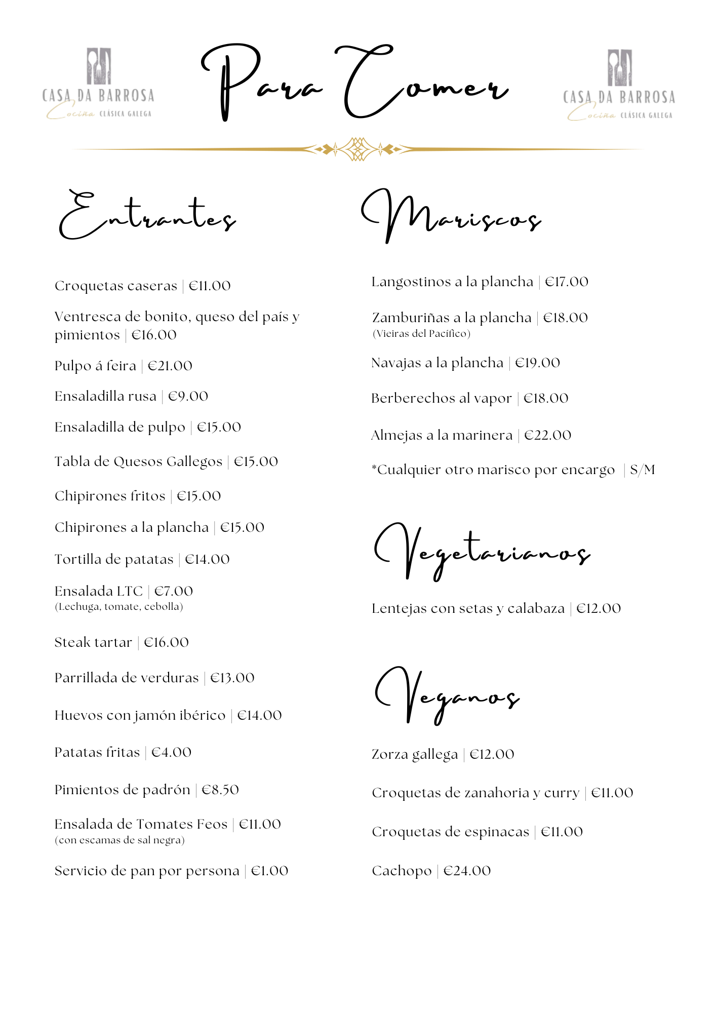 Carta: Entrantes, Mariscos, Vegetarianos, Veganos