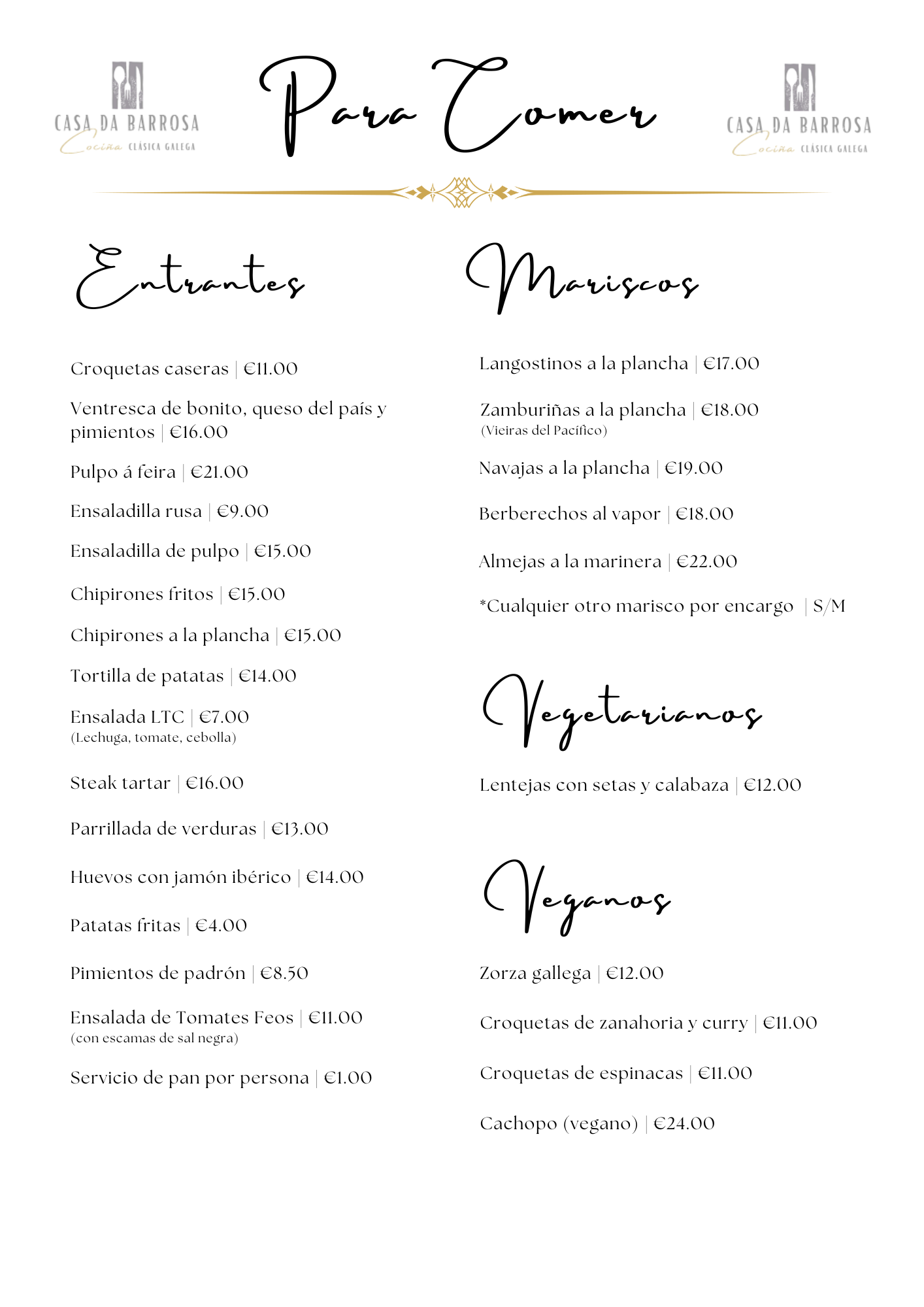 Entrantes, mariscos, vegetarianos y veganos
