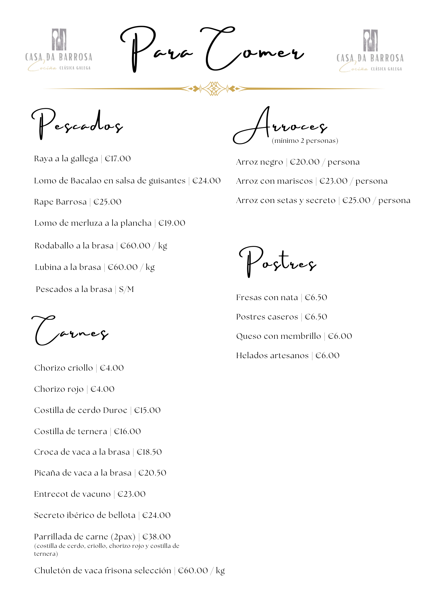 Carta: Pescados, Carnes, Arroces, Postres
