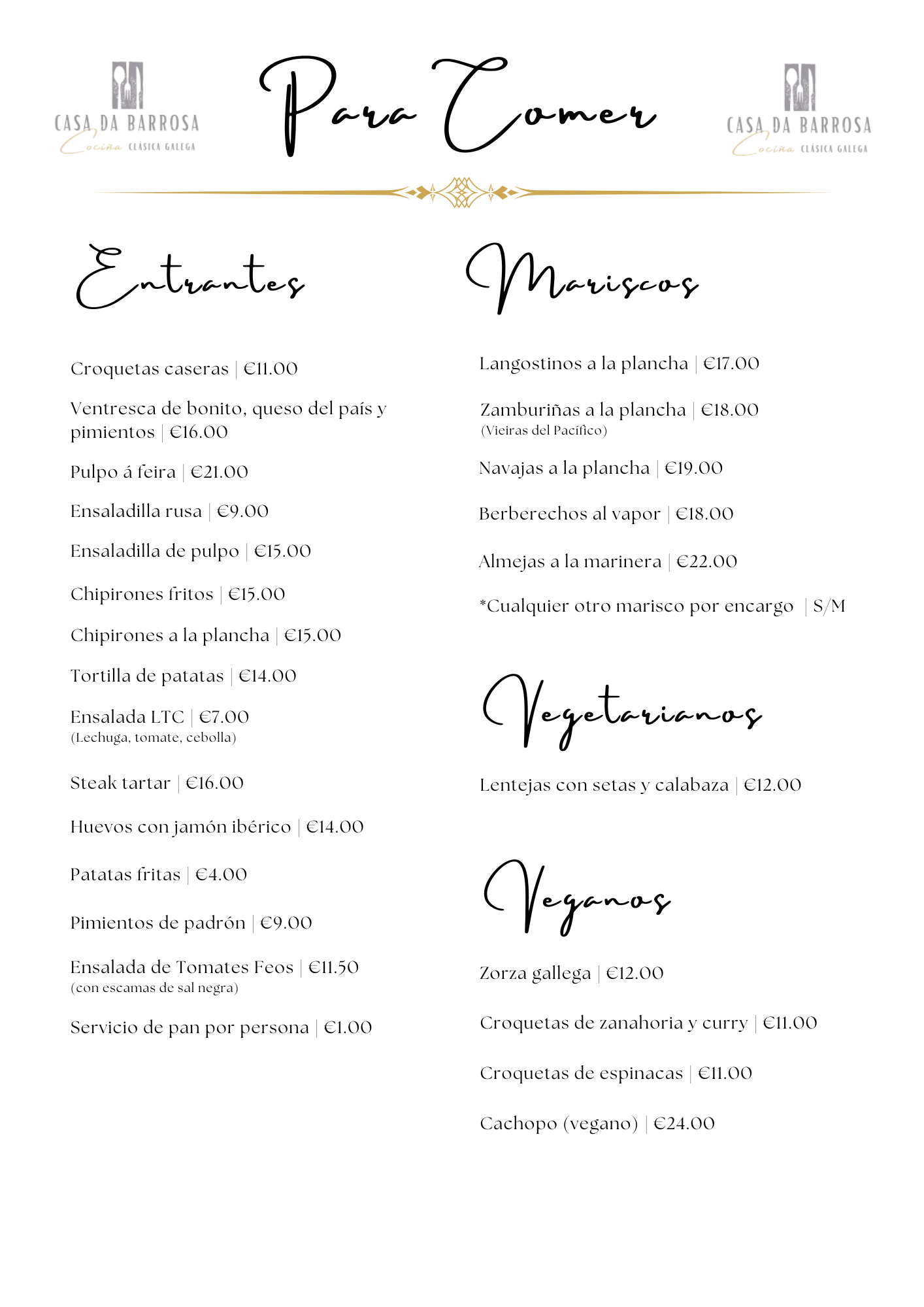 Carta: Mariscos, Pescados, Vegetarianos y Veganos