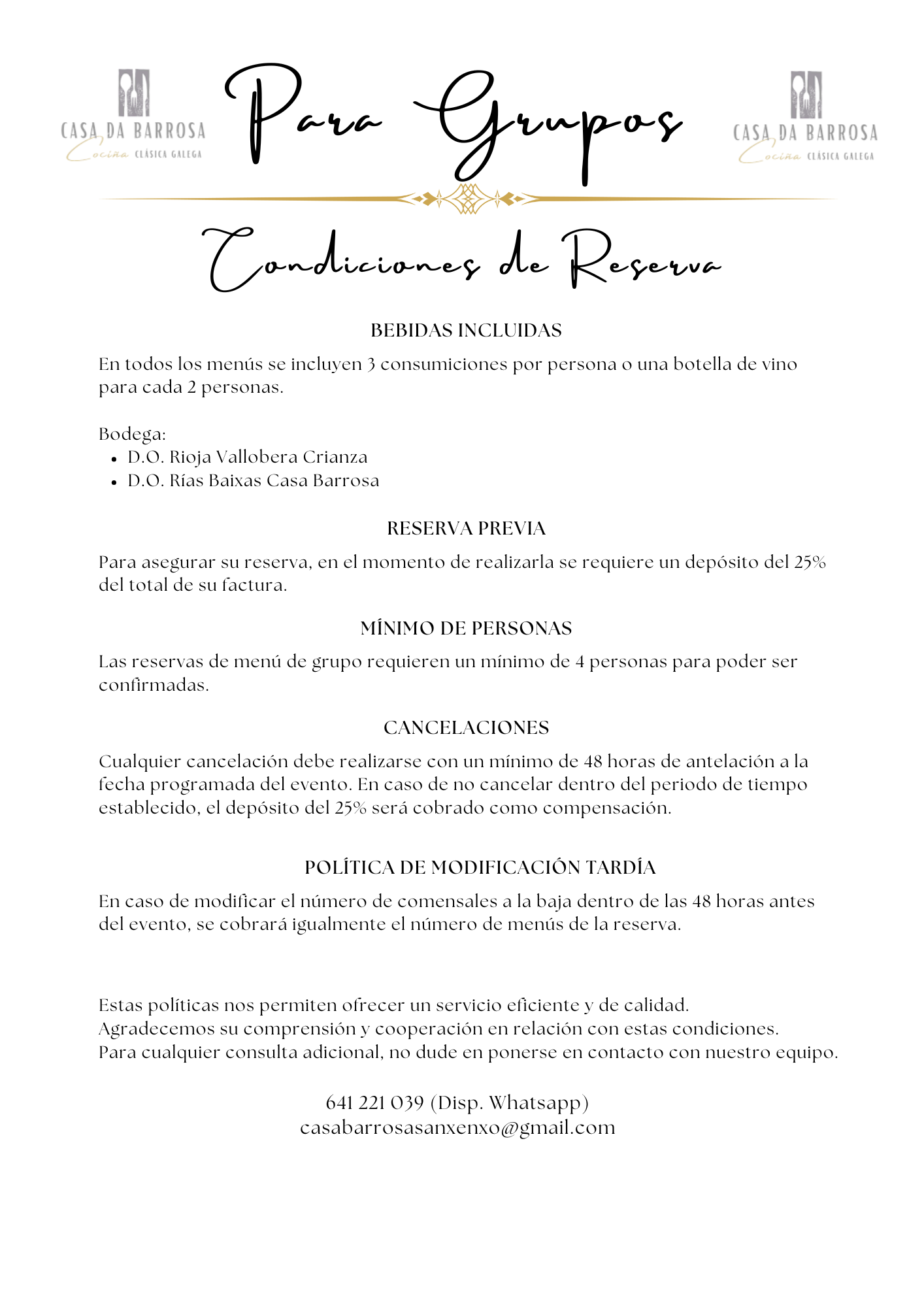 Condiciones de Reserva para Menús de Grupo