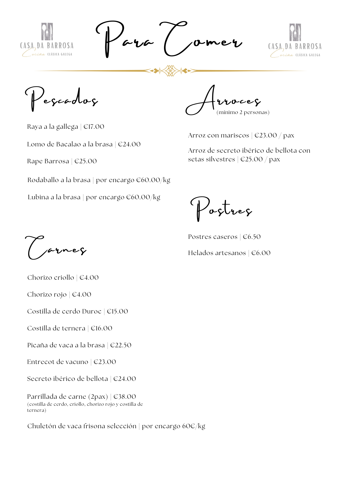 Carta: Pescados, Carnes, Arroces, Postres