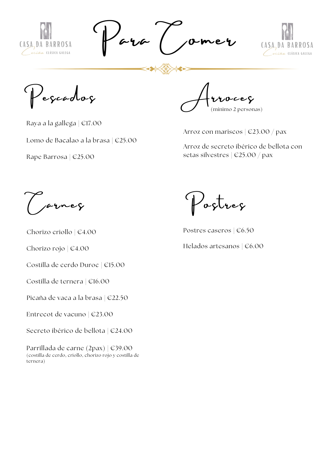 Carta: Pescados, Carnes, Arroces, Postres