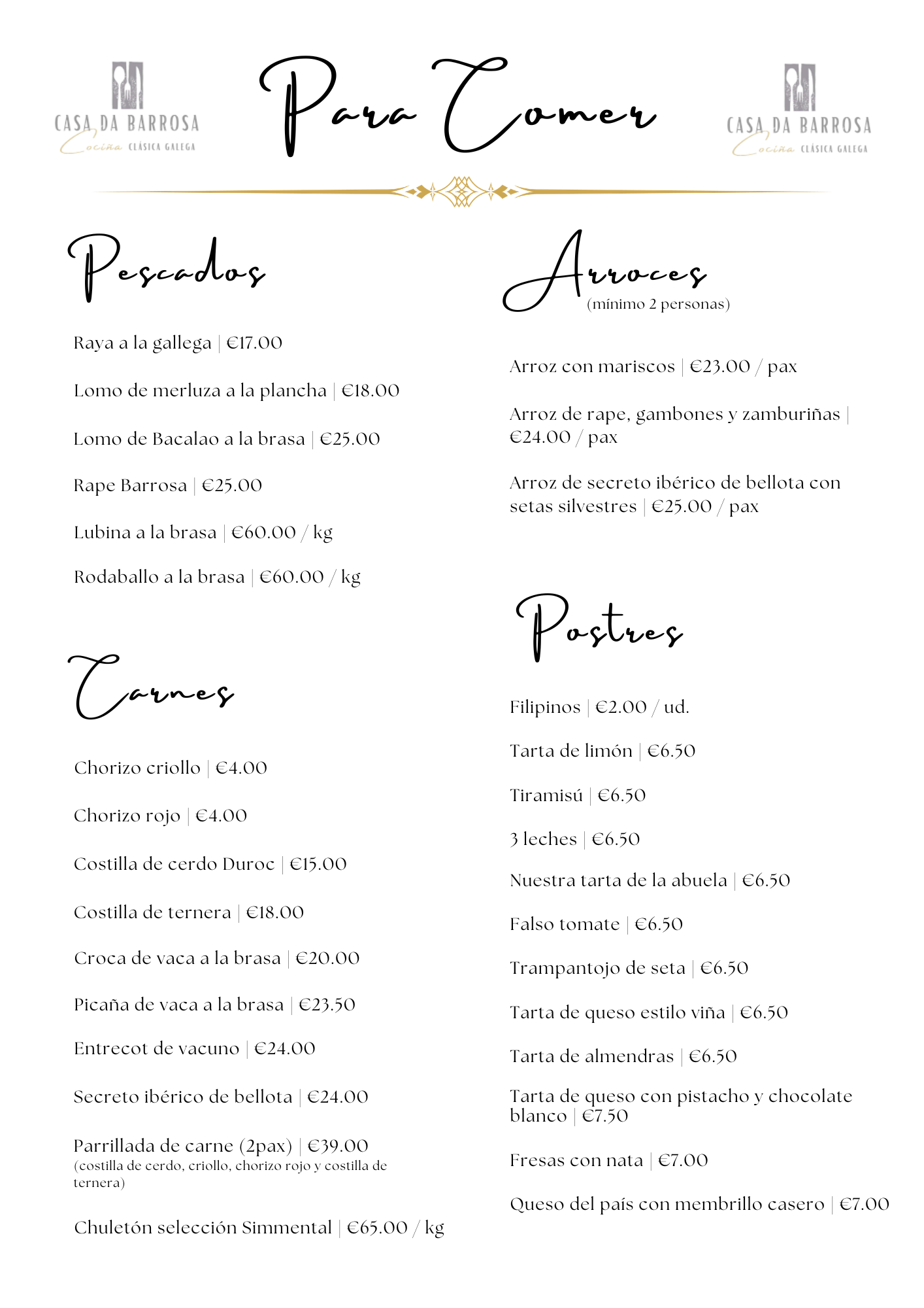 Carta: Pescados, Carnes, Arroces, Postres