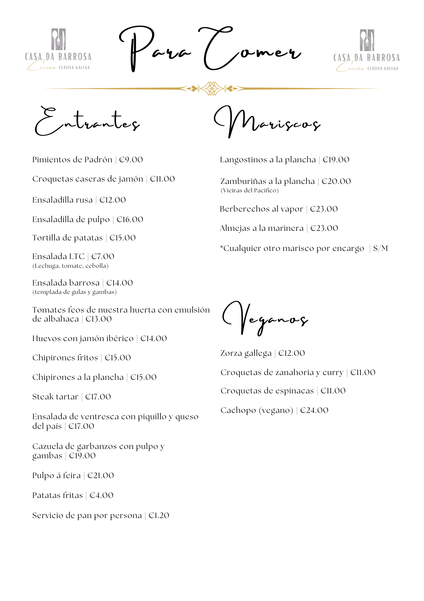 Carta: Entrantes, Mariscos y Veganos