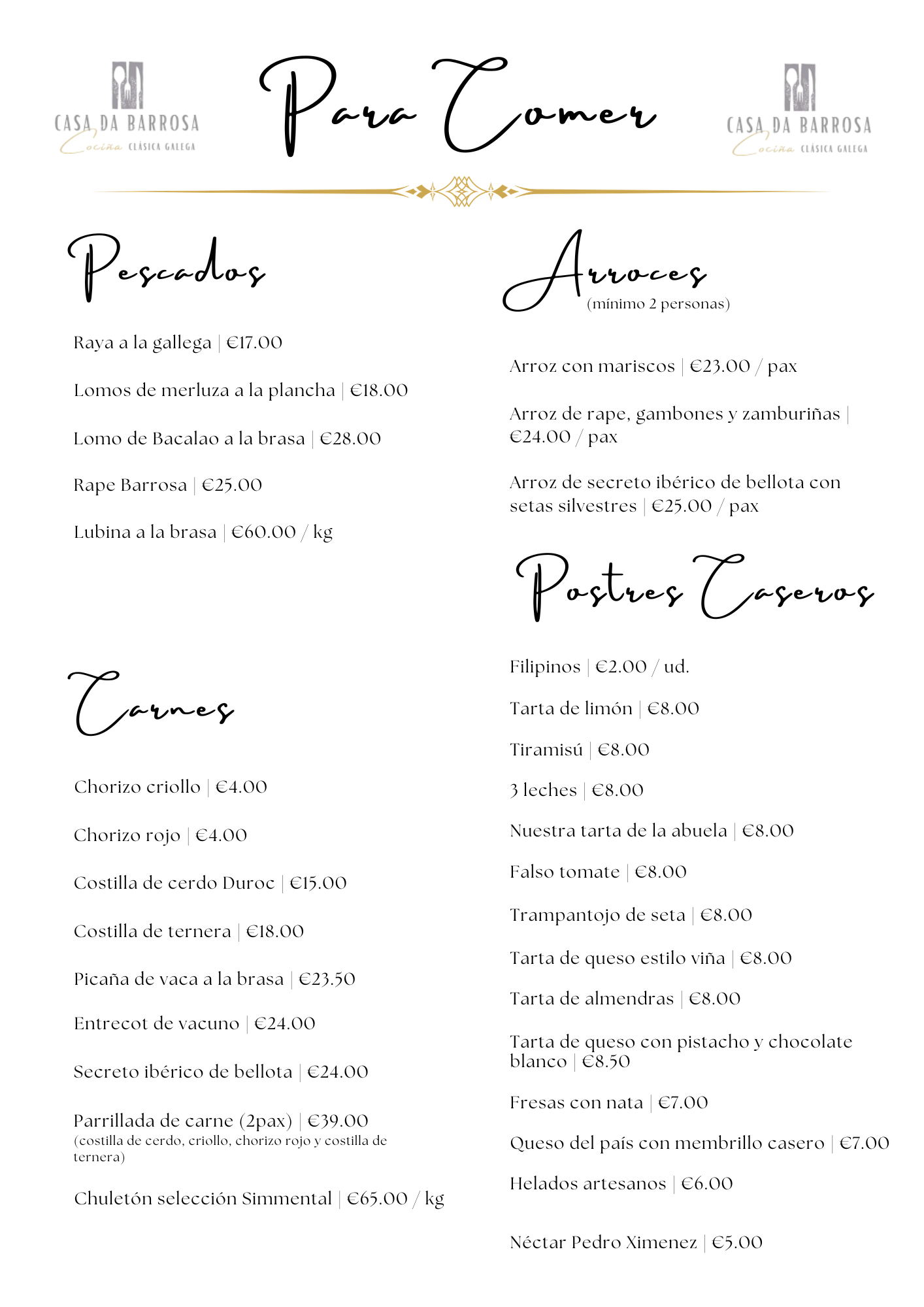Carta: Pescados, Carnes, Arroces, Postres