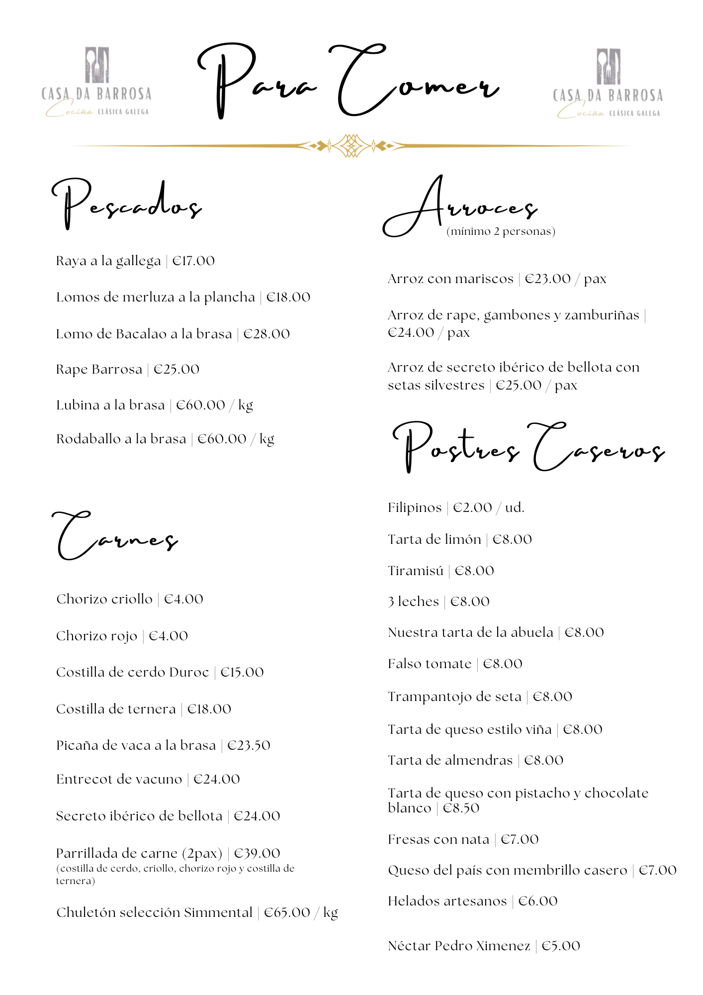 Carta: Pescados, Carnes, Arroces, Postres